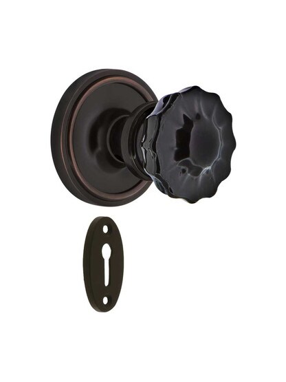 Classic Rosette Mortise Lock Set with Colored Fluted Crystal Glass Knobs Black in Timeless Bronze.